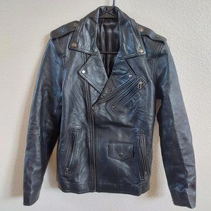 Custom Genuine Leather Biker Moto Jacket - black, unisex, small